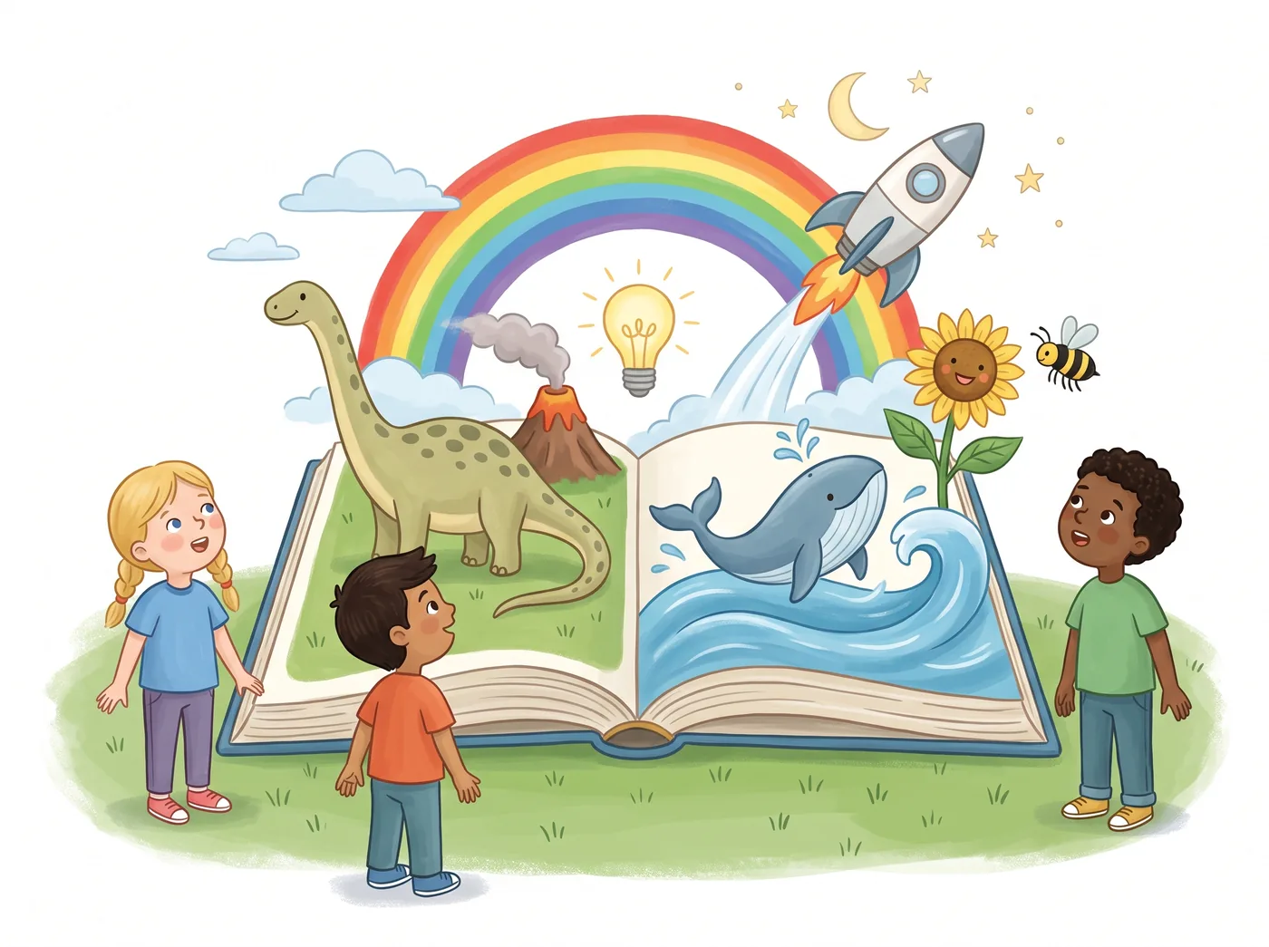 Illustration of three children around a giant open book with a dinosaur, a whale, a rocket and a rainbow rising from its pages.